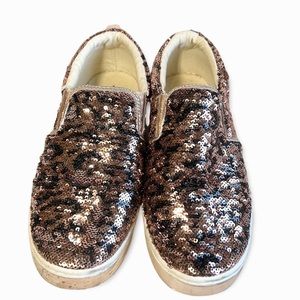 Leopard PatternRose Gold & Black Sequin Slip On Sneakers Sz 8